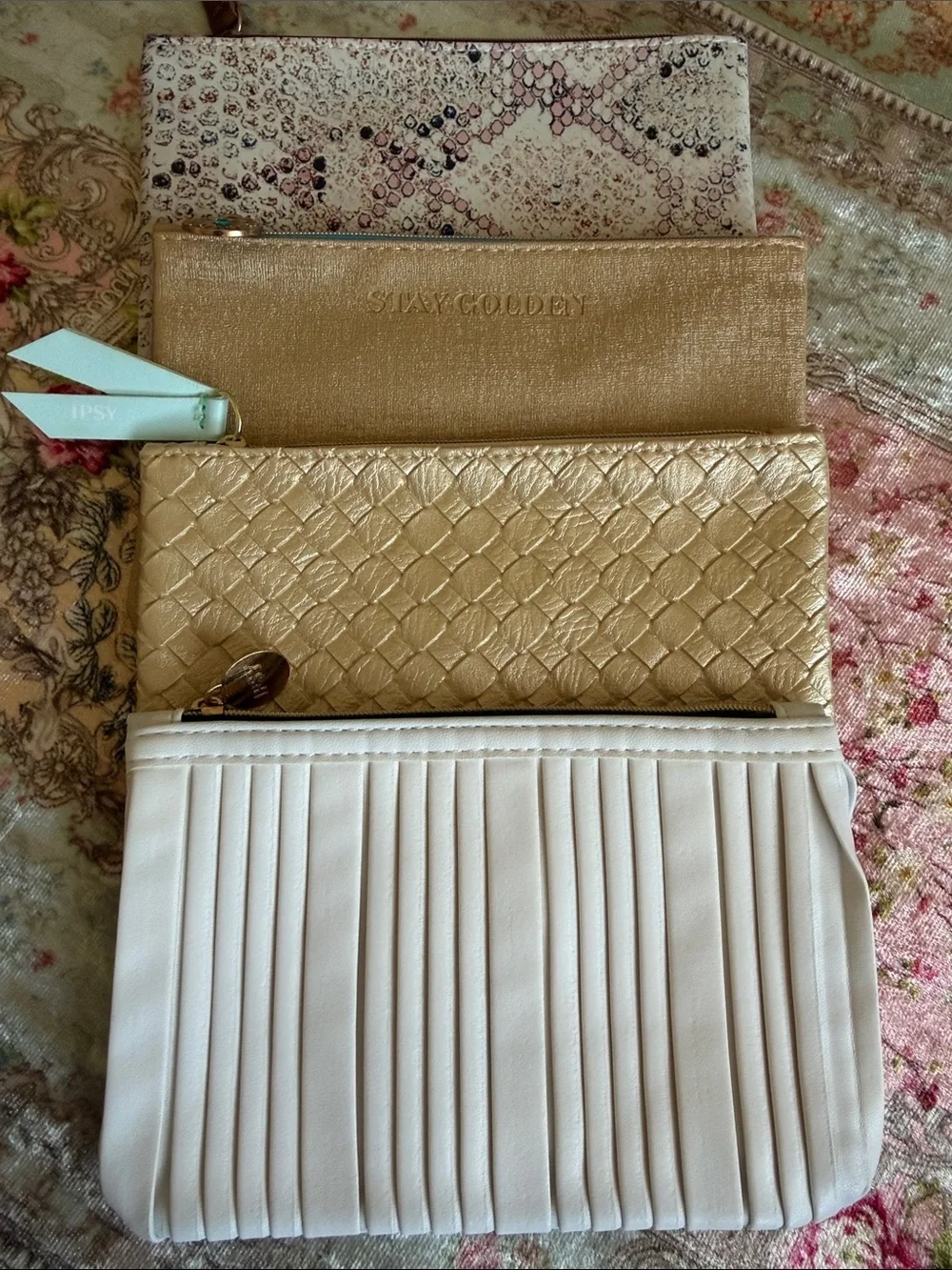Ipsy Mini Makeup Bag 4Pc Bundle/Cream and Gold Multi-Pouch Clutch/New